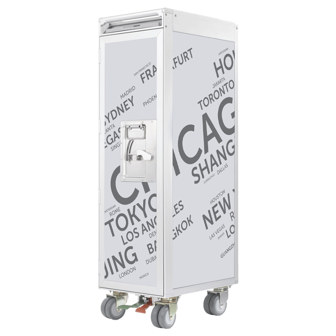 Weißer rechteckiger Metall-Utility-Trolley mit Rollen, bedruckt mit Städtenamen in Grau.