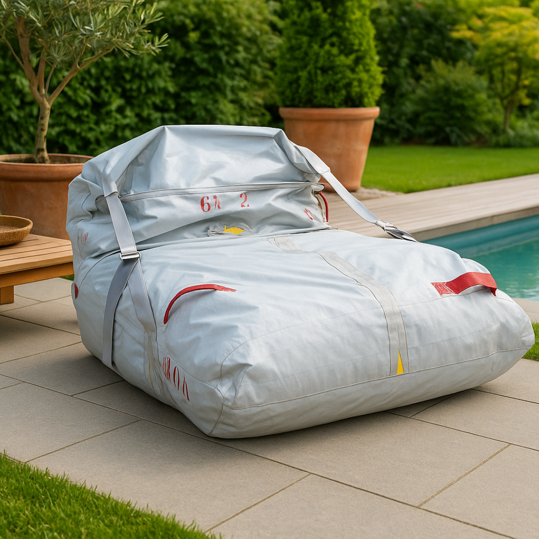 Großer weißer Sitzsack mit roten Griffen und grauen Riemen auf einer Terrasse neben einem Pool, mit Holzbänkchen und Pflanzen.