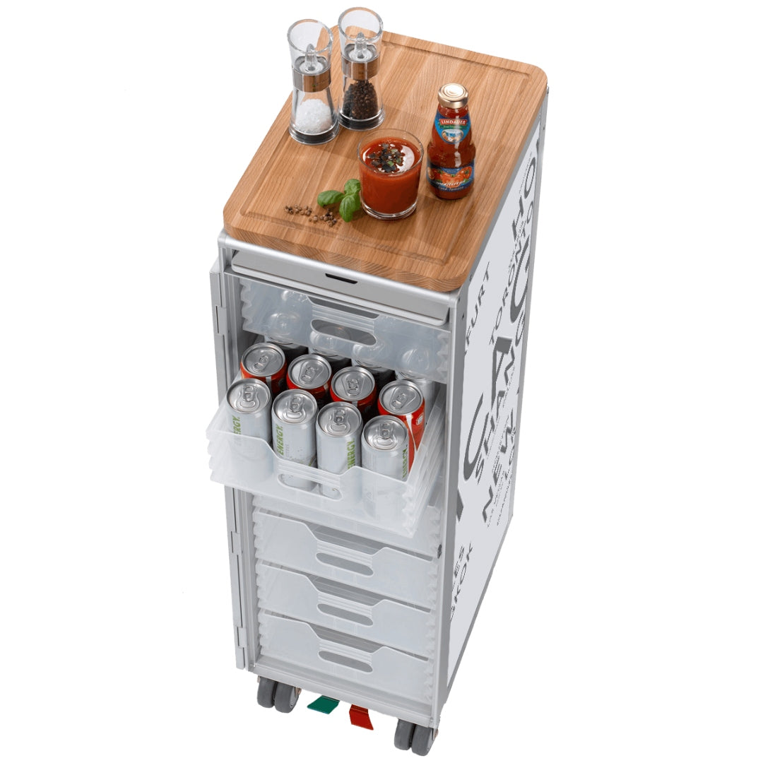 Weißer Transporttrolley mit transparenten Schubladen und Holzablage.