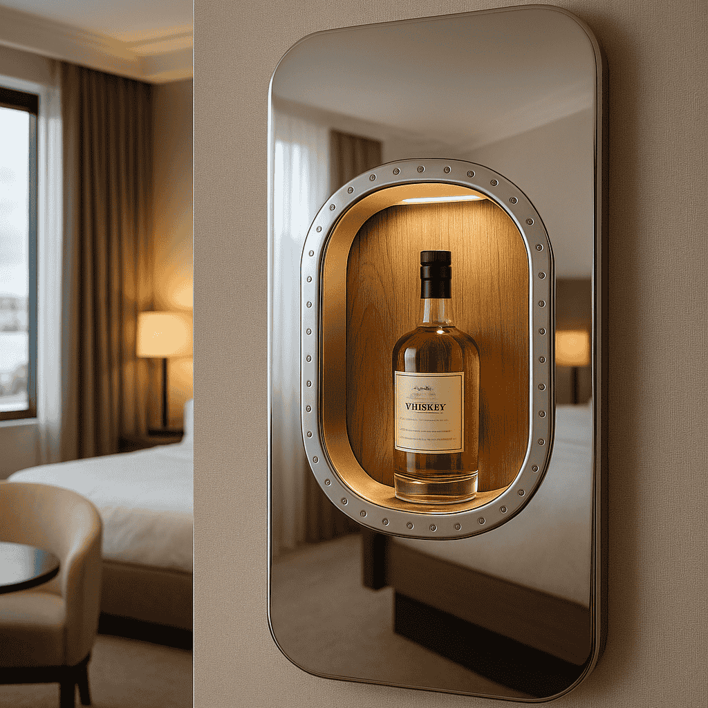 Whiskeyflasche mit VHISKEY-Label in beleuchteter Metallnische im Hotelzimmer mit warmen Farbtönen