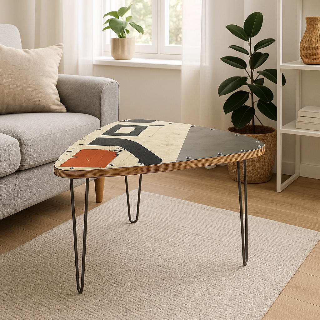 Gemütlicher Wohnbereich mit modernem dreibeinigem Couchtisch, hellgrauem Sofa und grüner Pflanze im Korb