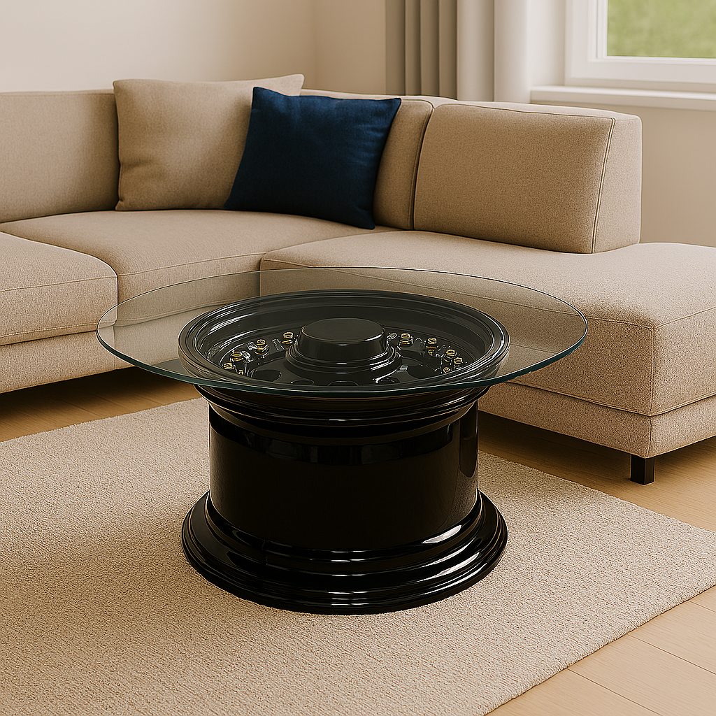 Moderner Wohnraum mit stylischem Couchtisch aus glänzenden schwarzen Autofelgen und Glasplatte vor beigefarbenem Ecksofa mit Kissen auf hellem Teppich.