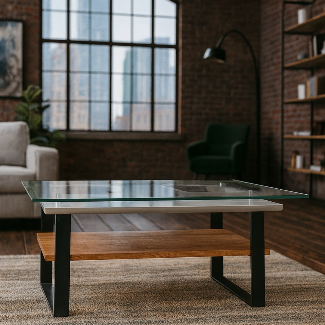 Moderner Wohnraum mit Glas-Couchtisch, grünem Sessel, hellem Sofa, Backsteinwand und Stadtblick aus großem Fenster.