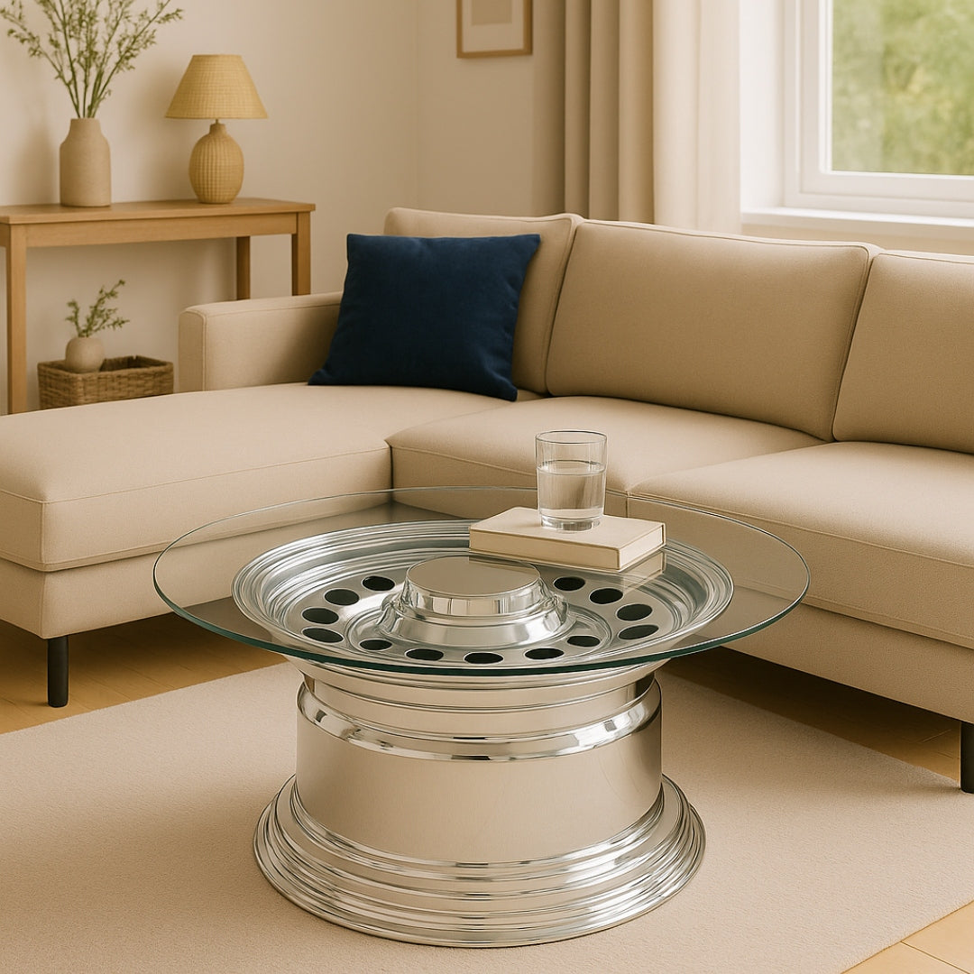 Moderner Wohnbereich mit beigem Ecksofa, blauem Kissen und rundem Glastisch.