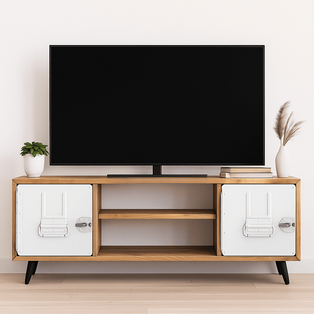 Moderner Wohnbereich mit flachem Fernseher auf Holzschrank, Sukkulente und Pampasgras