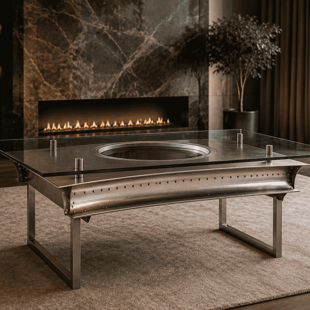 Collectible designer coffee table in luxury living room with leather sofa sculpture and city skyline at sunset