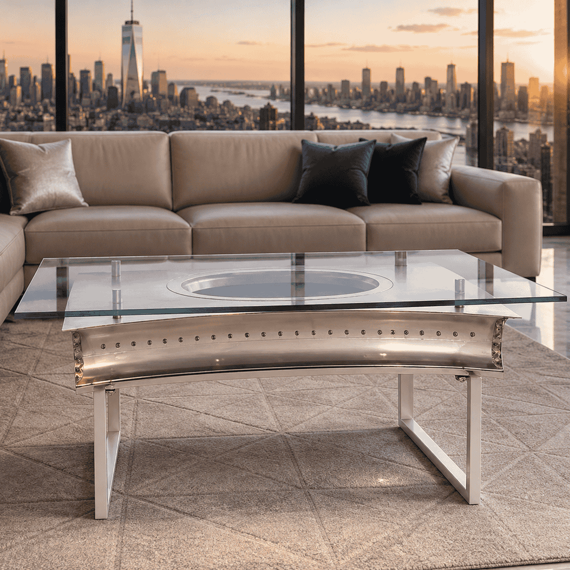 Statement coffee table as collectible design piece in elegant living room with L-shaped sofa and city skyline