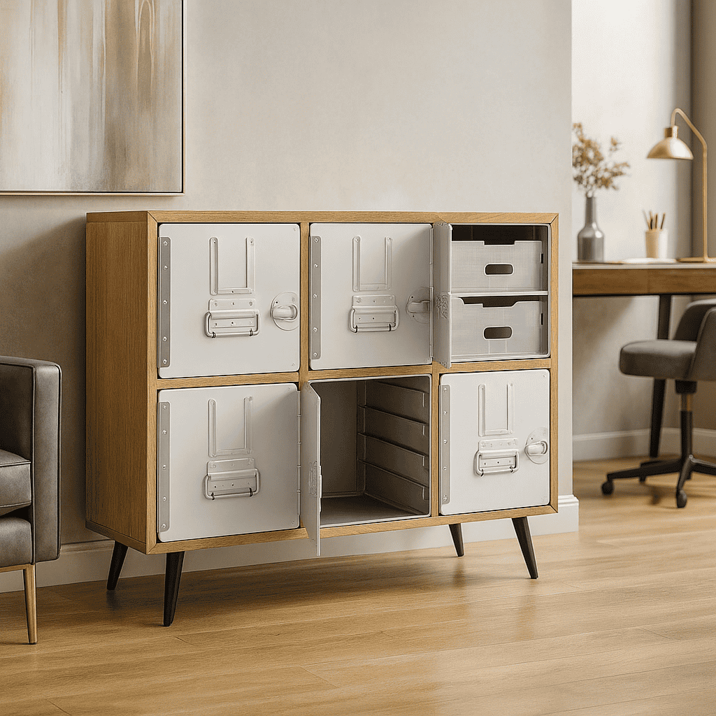 Wohnzimmer mit stilvollem Holzschrank, weißen Metalltüren, grauem Sessel und modernem Arbeitsplatz.