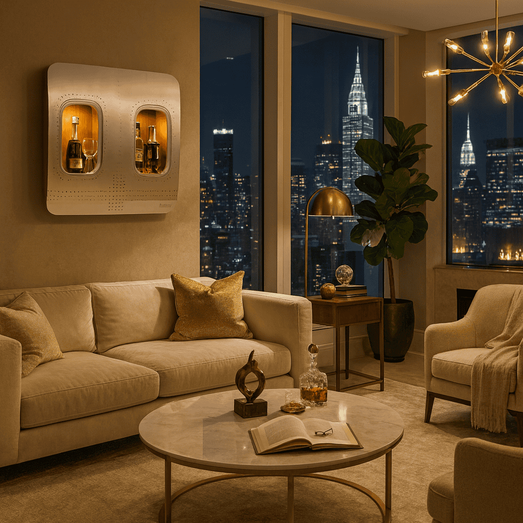 Wohnzimmer mit beigem Sofa, Marmortisch, gestaltetem Wand-Schrank, Sessel, Stehlampe und nächtlicher Stadtsilhouette