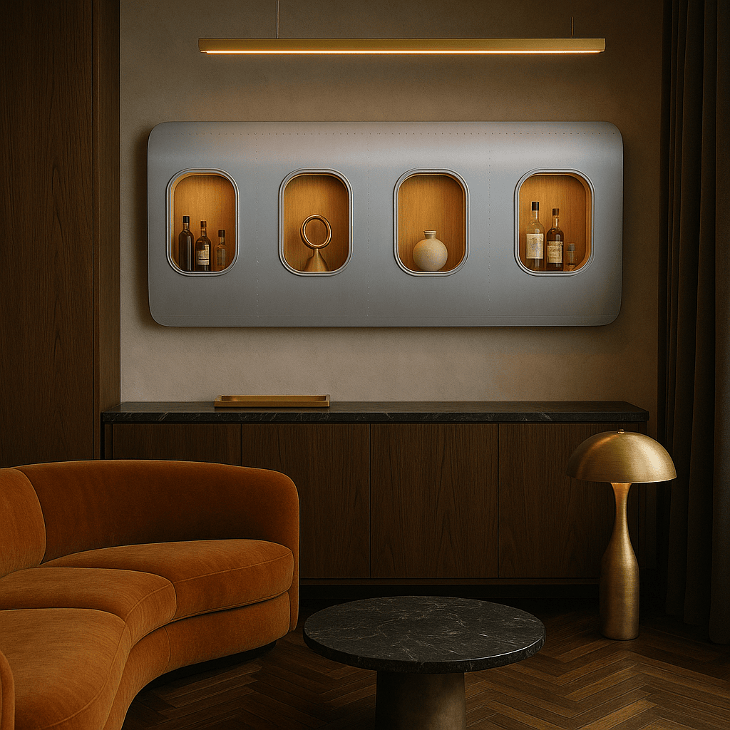 Wohnzimmer mit einem Regal in Flugzeugfenster-Design, braunem Sofa, schwarzem Marmortisch und goldener Lampe.